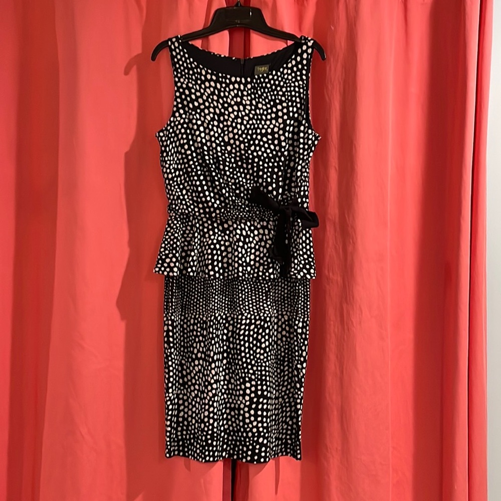 Black and Cream Sheath Dress with Peplum Detail